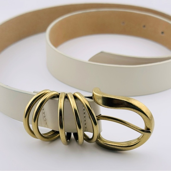 Harriet Isles Evereve Cream Leather Belt With Gold Buckle, Size M/L - Picture 3 of 8